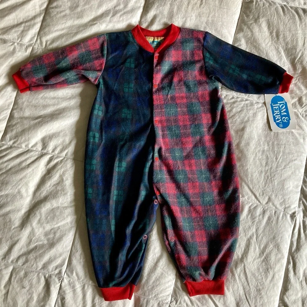 Vtg NWT Tom & Jerry Plaid Pajama Sleeper Footless Fleece Snap 18mo USA Red Green